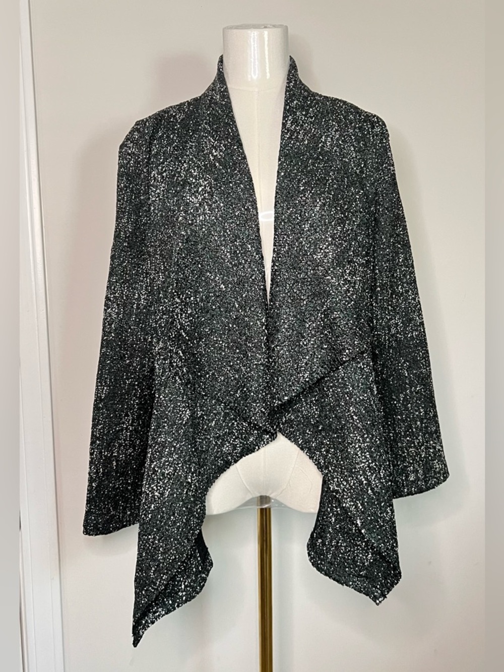 CHICOS Cardigan 1 Travelers Collection Crinkle Speckled Open Front Crushed Green